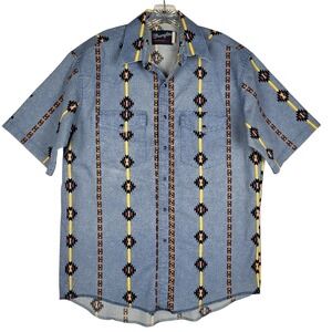 Vintage Wrangler Brushpopper Pearl Snap Shirt Blue Aztec Navajo Western 80s 90s